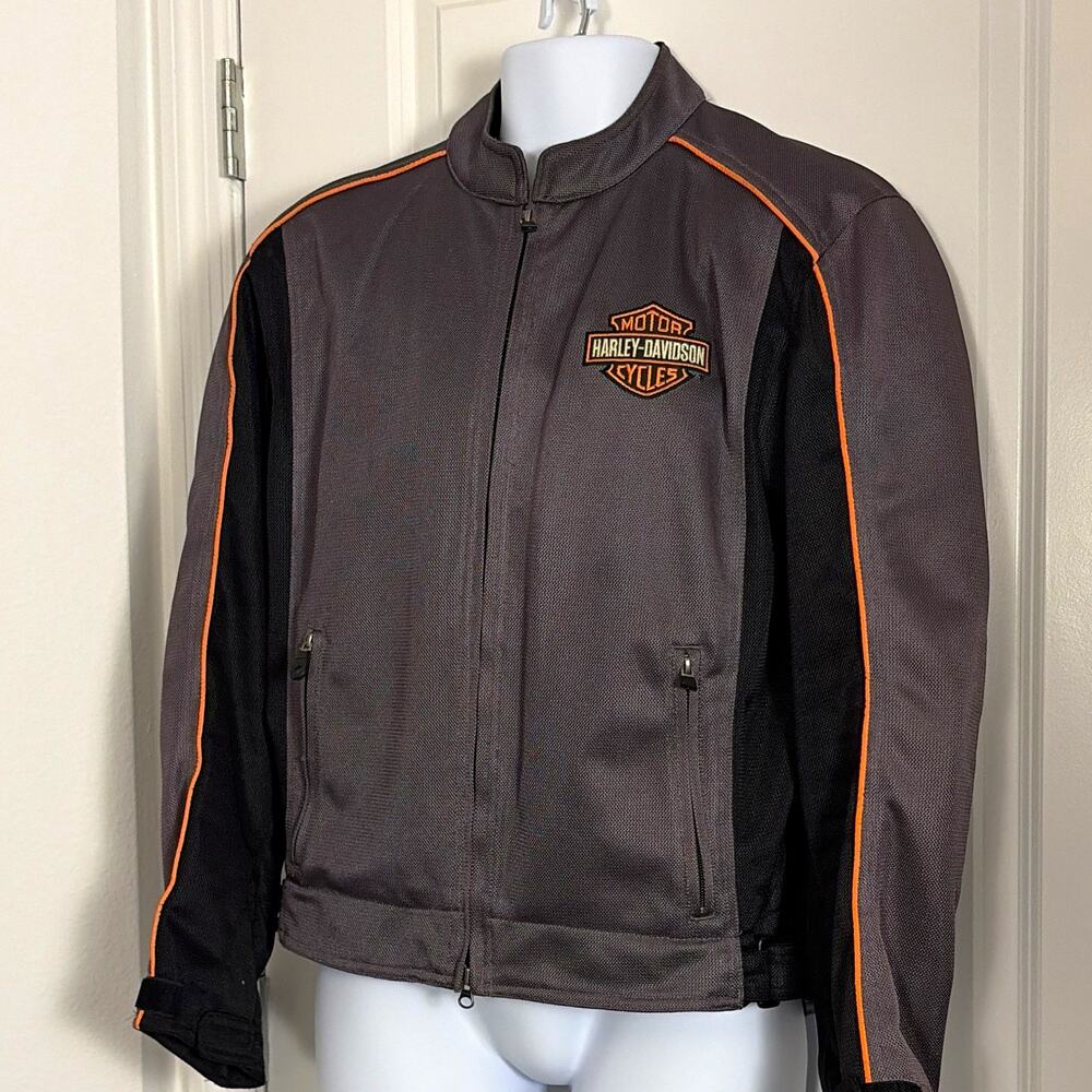 Harley-Davidson Men's Gray/Black Mesh Jacket Orange Piping Size M Polyester